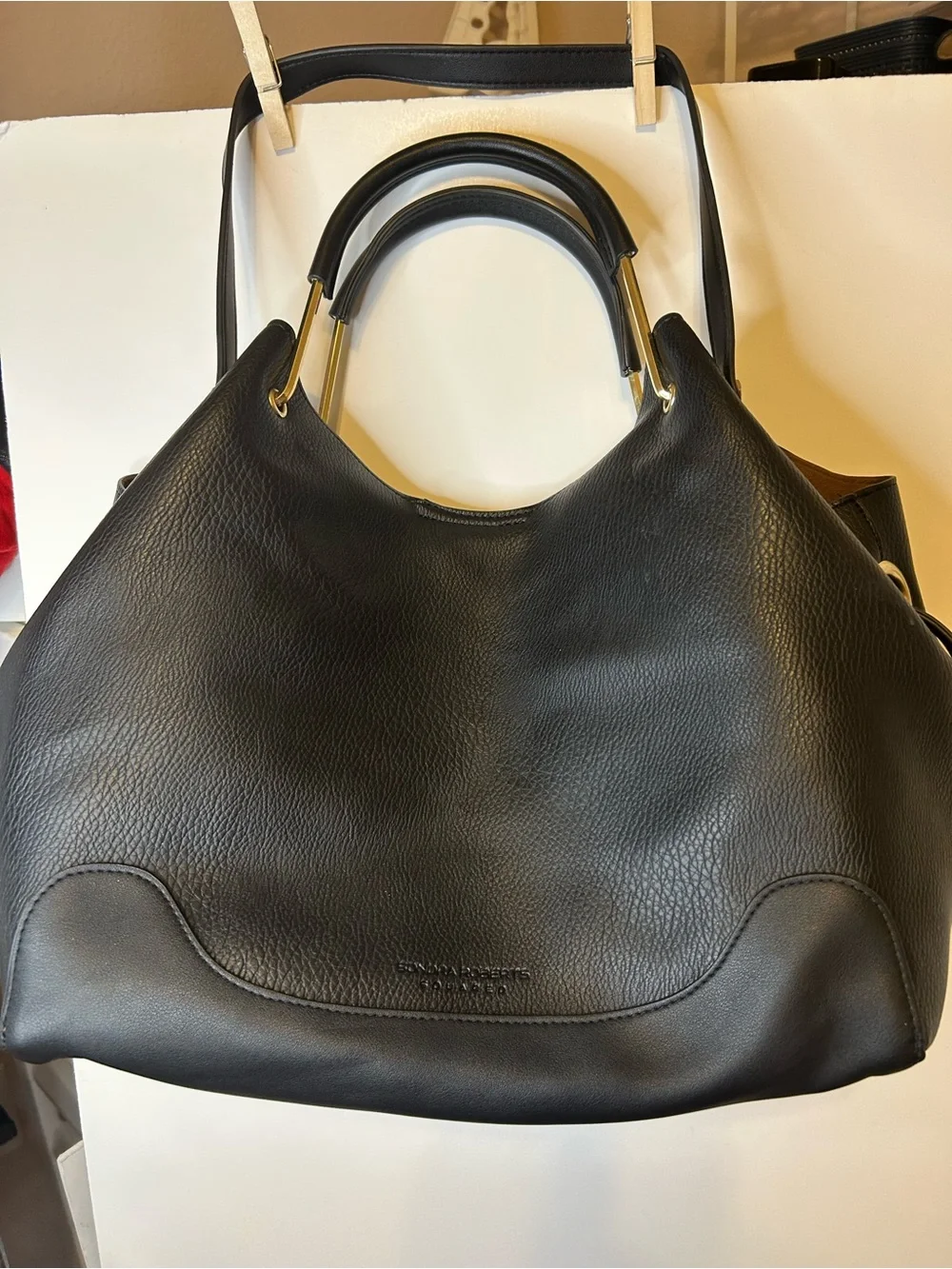 Sondra Roberts Black Pebbled Leather Hobo with Gold Hardware